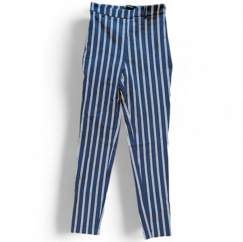 Women's Navy & White Striped Straight Leg Trousers Small Nautical Coastal Preppy
